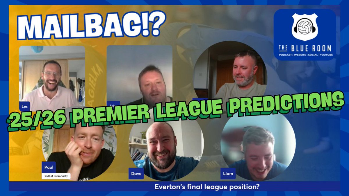 THE BLUE ROOM - EVERTON PODCAST (@theblueroomefc) on Twitter photo It's the weekend! It's Mailbag! 
As the new #premierleague season kicks off, we give predictions for the top 4, bottom 3, and final league position #Everton. Plus top scorers, hot takes and some good old-fashioned Mailbagging
📺 youtu.be/OWjmKcmpN_4
🔊 patreon.com/TheBlueRoomExt… It's the weekend! It's Mailbag! 
As the new #premierleague season kicks off, we give predictions for the top 4, bottom 3, and final league position #Everton. Plus top scorers, hot takes and some good old-fashioned Mailbagging
📺 youtu.be/OWjmKcmpN_4
🔊 patreon.com/TheBlueRoomExt…