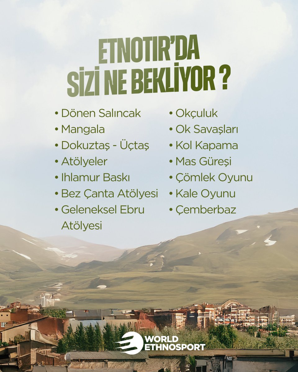 EtnoTır Erzurum’da! 🏹

16–24 Ağustos tarihleri arasında Erzurum Kültür Yolu Festivali kapsamında, geleneksel spor ve sanat istasyonlarında buluşuyoruz.✨

Okçuluktan mangalaya, ebrudan ıhlamur baskıya, onlarca oyun ve atölye Olimpiyat Millet Bahçesi’nde sizleri bekliyor. ☘️

Tüm