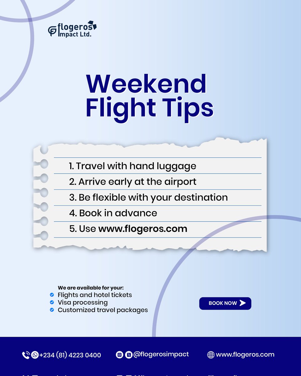 FlogerosImpact's tweet photo. Weekend flight tips!! ☺️✈️

Check the graphic image attached to this post.
.
.
.
.
.
.
#flogeros #flogerosimpact #traveltickets #travelagency #cheapflight #nigerianvisaprocessing #airline #experience #experiencetheworld #explore #exploretheworld  #flights #hotel https://t.co/qpDNAPoPGn