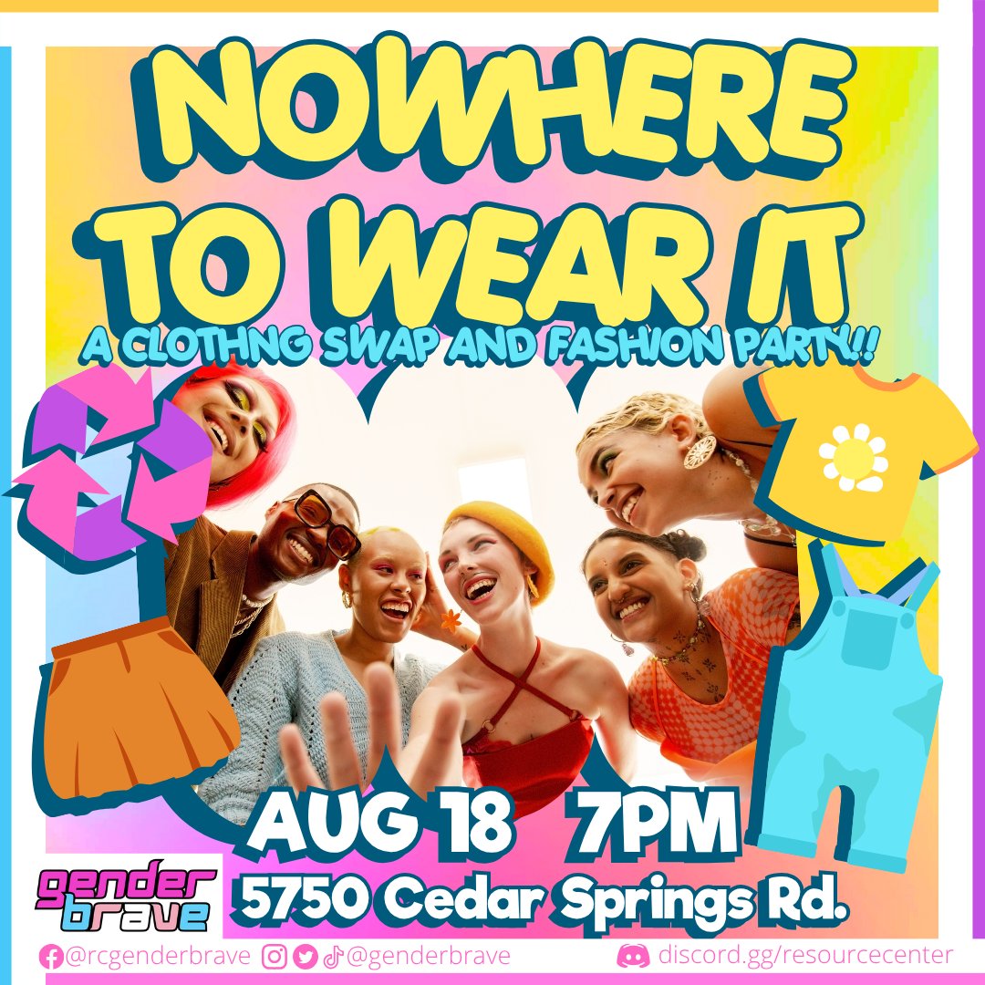 GenderBrave's tweet image. Have an outfit you HAVE to wear out?  Need some new clothes that are gender affirming?  Just want a safe space to hangout?  Come out to our Nowhere to Wear it Party!   GenderBrave is a social program for TGNC adults ages 18-35.

#GenderBrave #lgbtq #lgbt #transgender