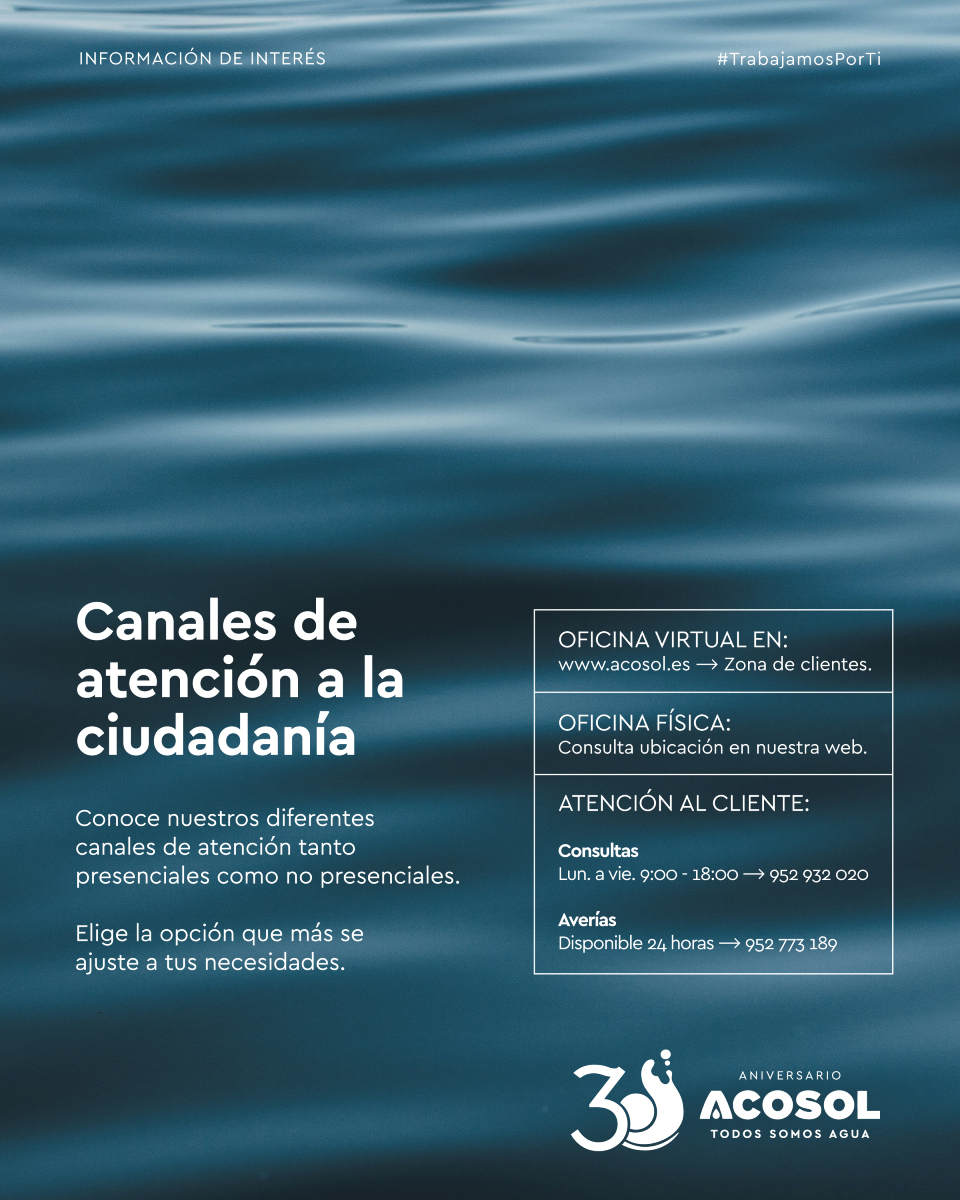 📞 Recuerda que contamos con un #CallCenter para atender de manera rápida, directa y fácil a las consultas y gestiones sobre nuestros servicios.

⏰ Horario de atención de 9 a 18h.

☎️ Teléfono: 952 93 20 20
🚧 Incidencias: 952 77 31 89

#TrabajamosPorTi #CuidemosElAgua