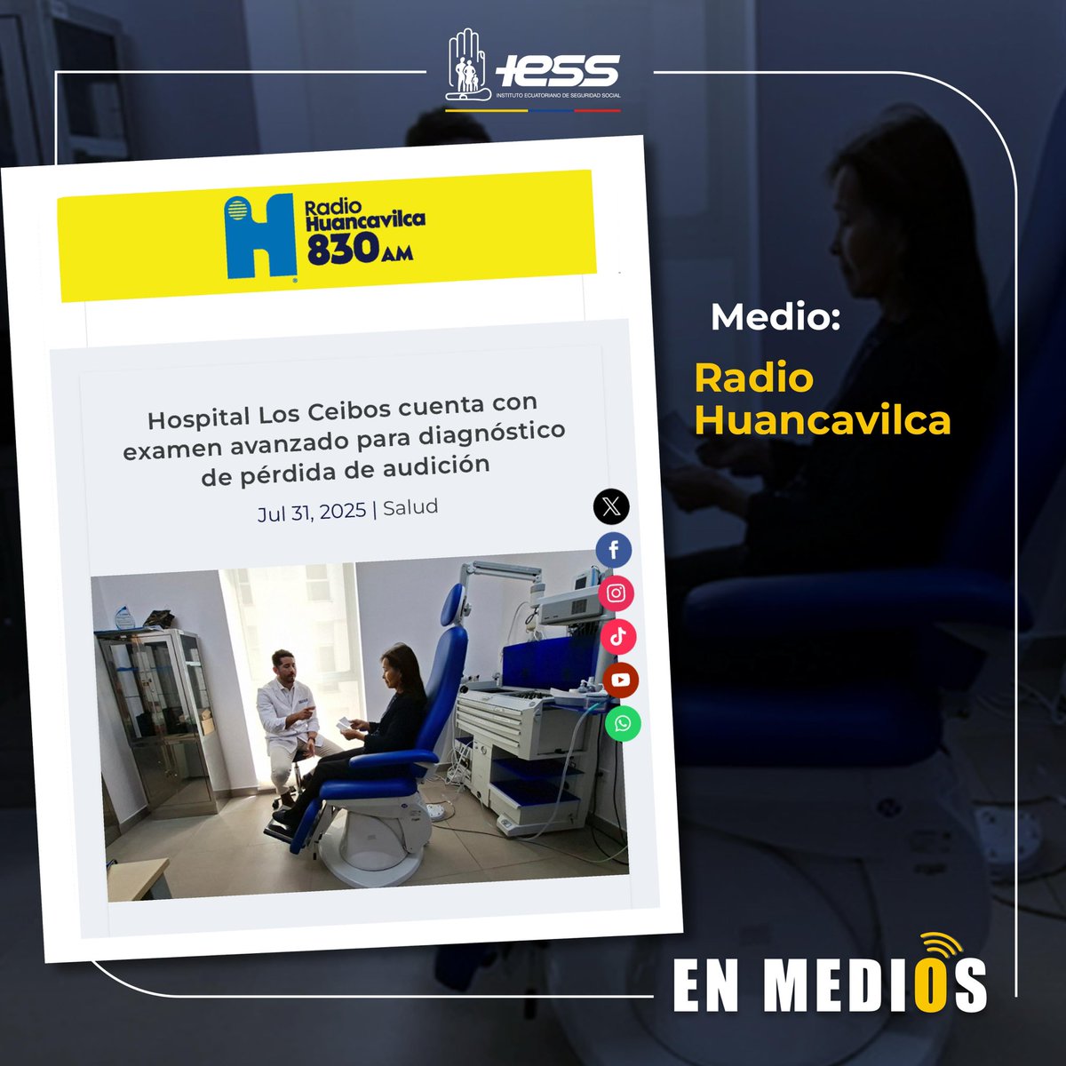 IESSec's tweet photo. #IESSenMedios | 🏥 @IESS_Ceibos es pionero con una herramienta única para diagnosticar a tiempo la pérdida de audición en todas las edades👂

¡Tecnología de punta al servicio de tu salud!✅

📲Descubre todos los detalles en la nota de @RadioHuancavilk⤵️
https://t.co/RMfs1yDN03 https://t.co/cFHbZ2J5i9