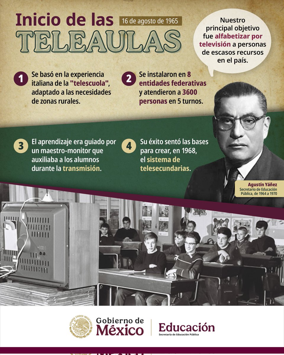 🏫✨ En 1965, nacen las primeras #teleaulas en México, gracias a la visión del maestro Agustín Yáñez, entonces secretario de Educación.

📚🇲🇽 Sin duda un momento que marcó el inicio de una nueva era para la #educación.
