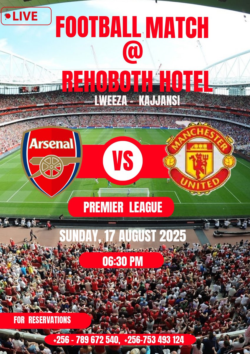 catch up with us this Sunday as we enjoy  a live match 
Manchester  verses Arsenal <a href="/Rehoboth/">Rehoboth Beach</a> hotel Lweeza, Kajjansi #ManchesterUnited #Manchester #ManchesterCity #manchesterairport #Arsenalfans #Arsenal #Football #FootballFocus #footballfix