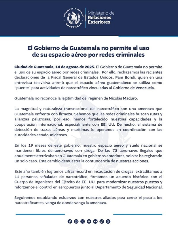 Factor 4 (@factor4_gt) on Twitter photo 📝 En respuesta a declaraciones de la Fiscal General de Estados Unidos, Pam Bondi, quien afirmó en televisión que el espacio aéreo guatemalteco se usa como 'puente' para narcotráfico vinculado al Gobierno de Venezuela, el <a href="/GuatemalaGob/">Gobierno de Guatemala 🇬🇹</a> aclaró que no permite el uso de su espacio 📝 En respuesta a declaraciones de la Fiscal General de Estados Unidos, Pam Bondi, quien afirmó en televisión que el espacio aéreo guatemalteco se usa como 'puente' para narcotráfico vinculado al Gobierno de Venezuela, el <a href="/GuatemalaGob/">Gobierno de Guatemala 🇬🇹</a> aclaró que no permite el uso de su espacio