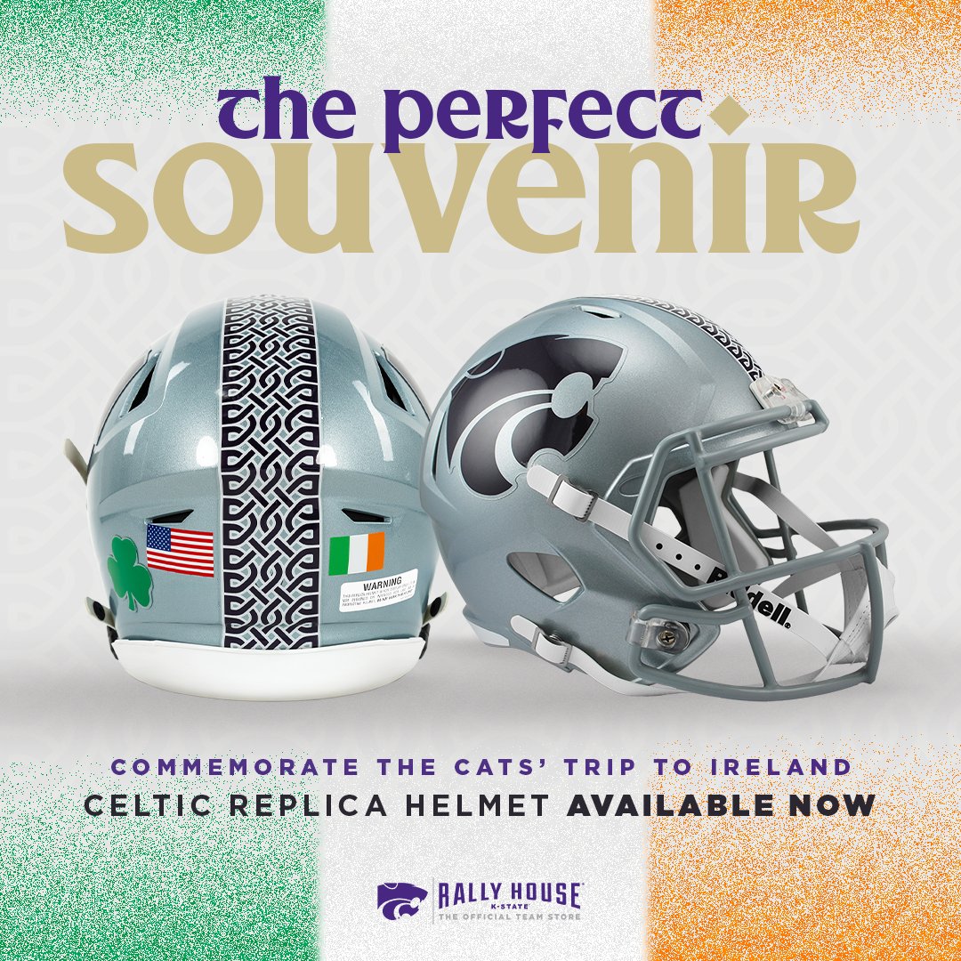 kstatesports's tweet photo. Full-size and mini replica @cfbireland helmets AVAILABLE NOW from @Rally_House!

Order your replica helmet now and celebrate this unforgettable moment in @KStateFB history.

☘️ https://t.co/f9sDORLOvH
☘️ https://t.co/52JytLwT6Y https://t.co/Pk9cvtnkWq