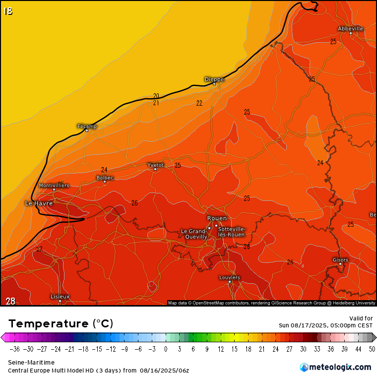 Week-end prolongé : soleil pour tout le monde ce dimanche 17 août en Seine-Maritime avec des températures comprises entre 22 et 26°C, localement 27°C entre le #Havre et #Rouen. Le vent de secteur nord-est persiste avec des rafales maximales entre 30 et 50 km/h.