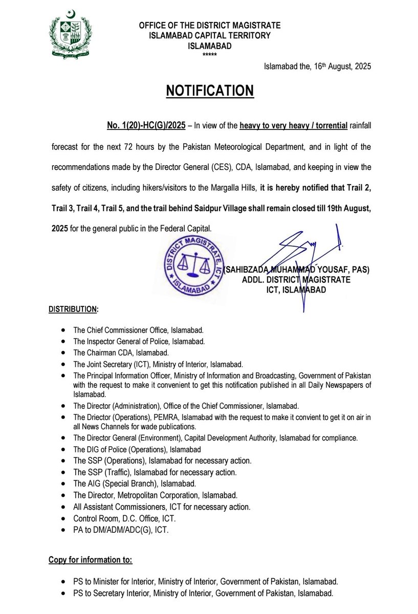 dcislamabad's tweet photo. Important Safety Alert!

Due to heavy rainfall forecasted for the next 72 hours, the Margalla Hills trails have been closed until August 19, 2025, for public safety. https://t.co/LeFTXuwHuq