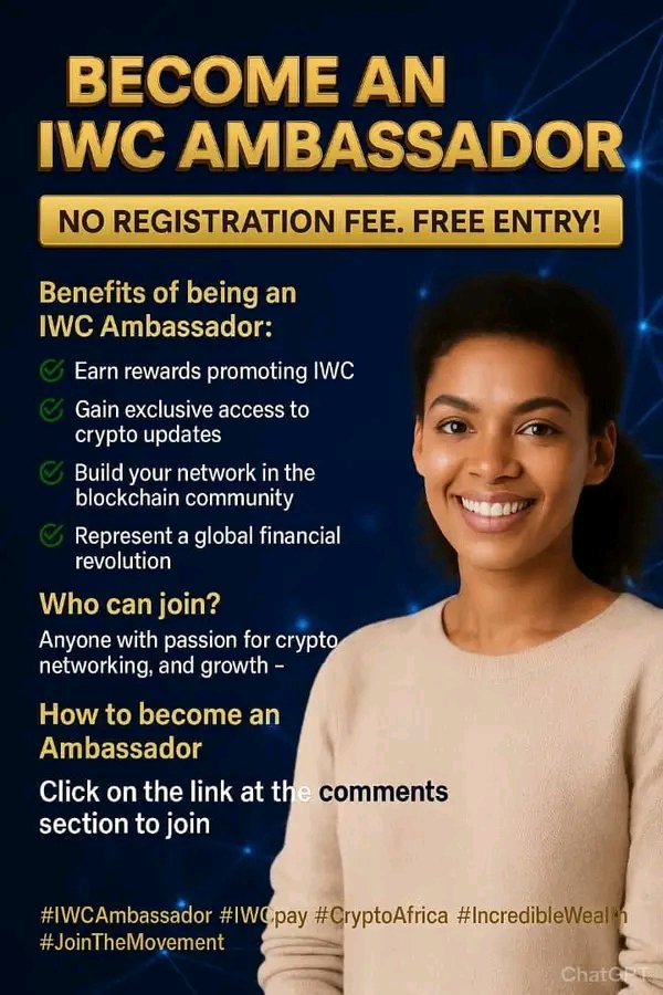 infoiwcexchange's tweet image. 🌍 Become IWC Ambassador! 🚀
Are you passionate about crypto and blockchain technology? Do you want to be at the forefront of innovation while representing a fast-growing global crypto company in your region?
Here’s your chance to join IWC as an Ambassador!
We’re inviting…