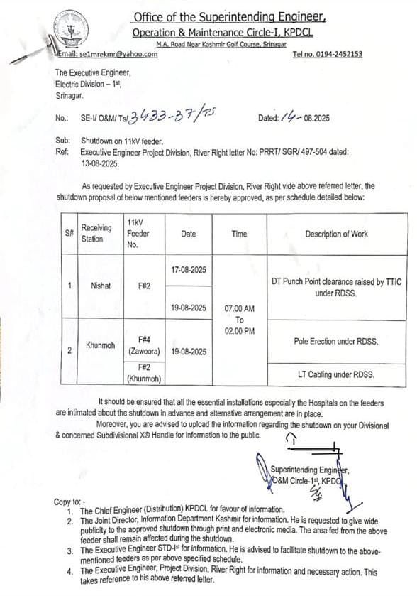 Power shutdown <a href="/kpdcloffice/">Kashmir Power Distribution Corporation Limited</a> <a href="/cekpdcl/">CHIEF ENGINEER, DISTRIBUTION, KPDCL(PDD)</a> <a href="/XEd1st/">ED1st KPDCL</a> <a href="/XEN_EDIV_KPDCL/">Electric Division-IV, Khanyar (KPDCL)</a> <a href="/std_ist/">Sub-Transmission Division, 1st (KPDCL) PDD,Bemina</a>