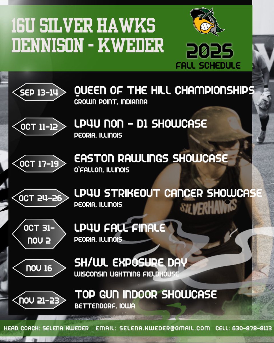 Selena (@coachselena20) on Twitter photo After a few well needed weeks off, I am excited to start thinking about fall🍂🍁Come see these talented & humble group of 27s and 28s hit the field in a few weeks!
Coaches… take note of our annual Exposure Day in November!
Check out our fall schedule below⤵️
<a href="/SilverHawkSball/">Silver Hawks</a> After a few well needed weeks off, I am excited to start thinking about fall🍂🍁Come see these talented & humble group of 27s and 28s hit the field in a few weeks!
Coaches… take note of our annual Exposure Day in November!
Check out our fall schedule below⤵️
<a href="/SilverHawkSball/">Silver Hawks</a>