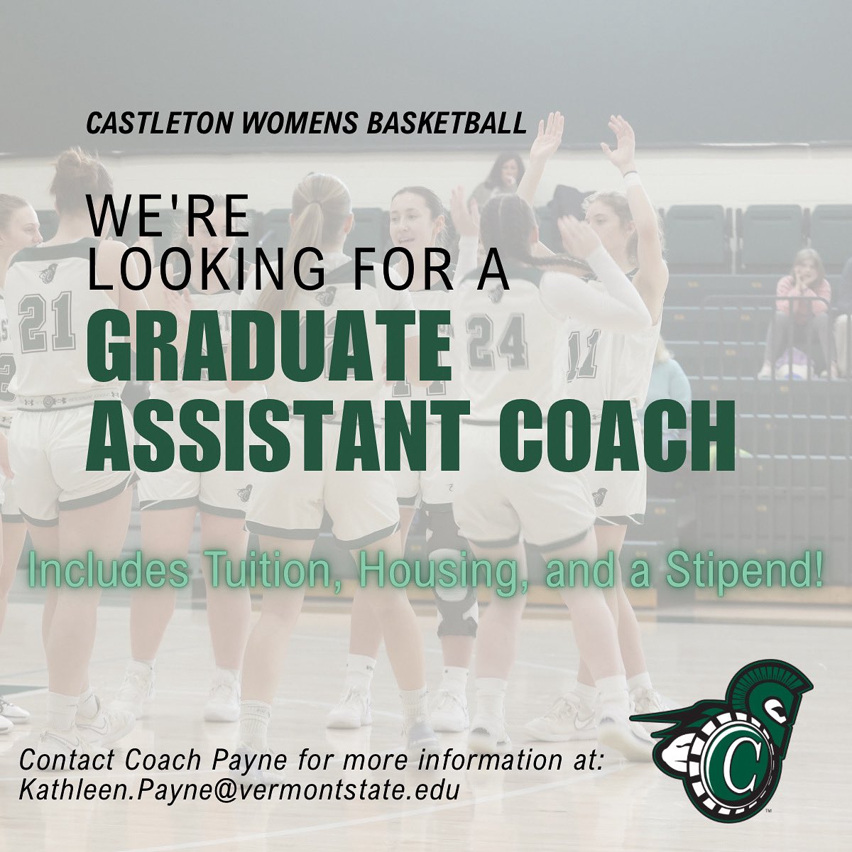 🚨We’re looking for a Graduate Assistant🚨 

If interested, reach out to Coach Payne. 

#GoSpartans x #CUWBB