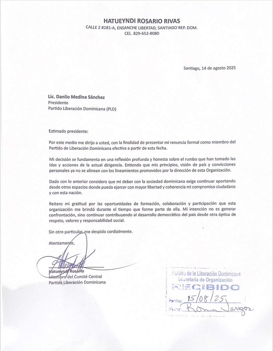 Keyla Reyna (@keylareyna04) on Twitter photo Hatuendy Rosario regidor por Santiago renuncia del PLD y pasa a formar parte de la <a href="/FPcomunica/">@Fuerza del Pueblo (FP)</a>
La <a href="/FPcomunica/">@Fuerza del Pueblo (FP)</a> crece y se fortalece seguimos los destinos de la República Dominicana volverán a buenas manos donde el progreso y la prosperidad abundarán
#FuerzaDelPueblo Hatuendy Rosario regidor por Santiago renuncia del PLD y pasa a formar parte de la <a href="/FPcomunica/">@Fuerza del Pueblo (FP)</a>
La <a href="/FPcomunica/">@Fuerza del Pueblo (FP)</a> crece y se fortalece seguimos los destinos de la República Dominicana volverán a buenas manos donde el progreso y la prosperidad abundarán
#FuerzaDelPueblo