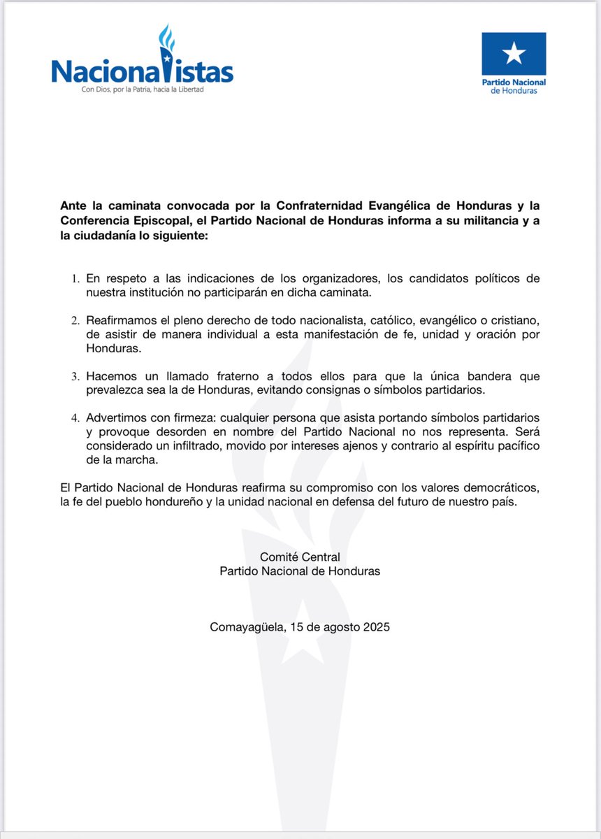 En la caminata de hoy, la única bandera que debe ondear es la de Honduras; sin consignas ni símbolos partidarios. No permitamos infiltrados que desvirtúen el espíritu y los valores de esta marcha.