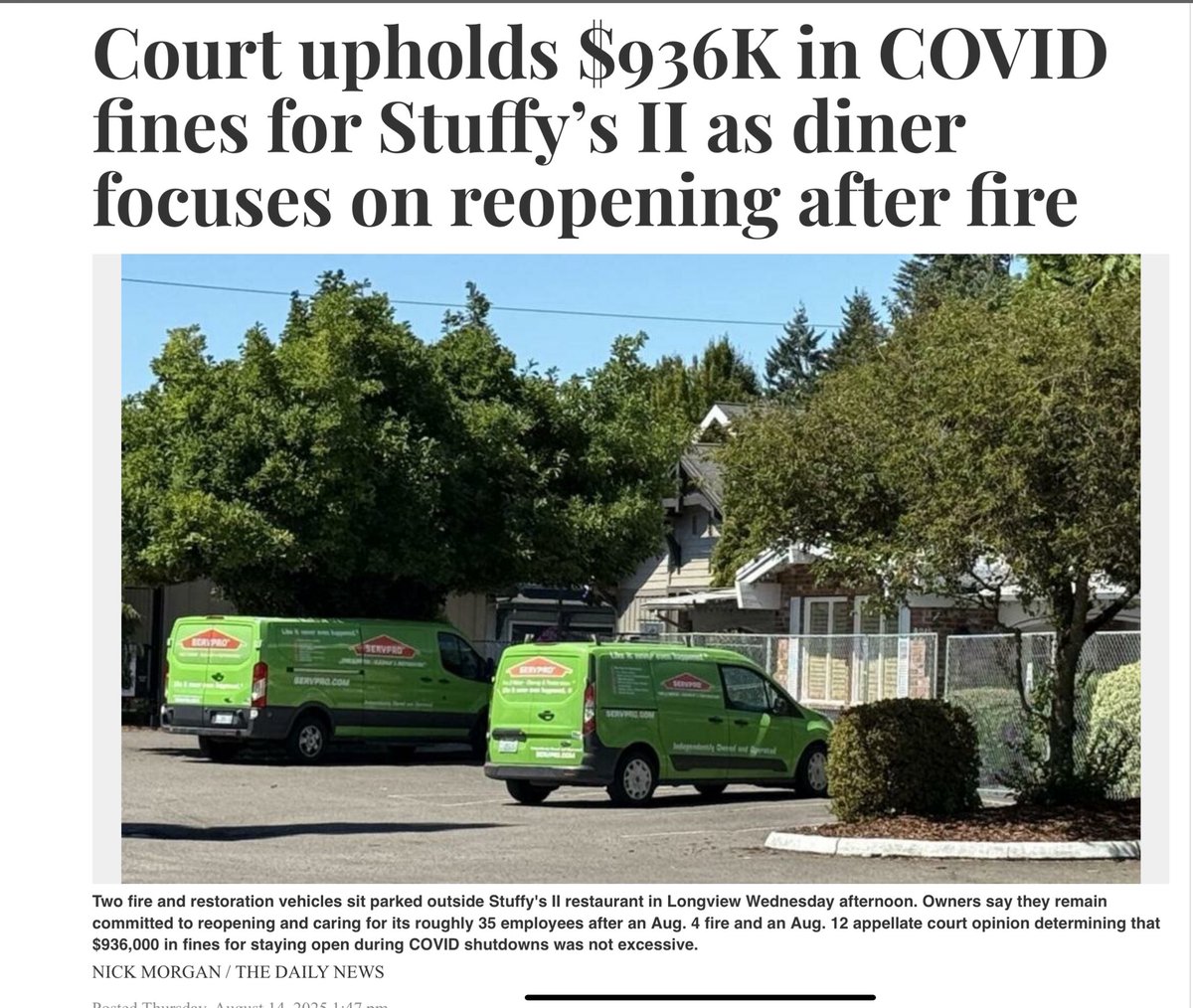 bkheywood's tweet image. During Covid, Stuffy’s defied the edicts of Gov. Inslee and kept open for business.

The state fined Stuffy’s $936K or $18K per day that Stuffy’s stayed open.

A WA state court just ruled against Stuffy’s 

Some questions for your thoughts:
1)  Who was in the wrong 
- the state…