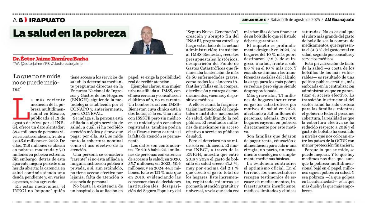 Dr. Éctor Jaime (@ectorjaime) on Twitter photo 📉 Menos acceso, más gasto.
En México, 44.5 millones carecen de servicios de salud efectivos y el gasto de bolsillo creció 41%.
Una crisis que empobrece y enferma. 👇
🔗 ectorjaime.mx/blog/periodico…
🔗 am.com.mx/opinion/2025/8…
<a href="/periodicoam/">Periódico AM Noticias</a> 📉 Menos acceso, más gasto.
En México, 44.5 millones carecen de servicios de salud efectivos y el gasto de bolsillo creció 41%.
Una crisis que empobrece y enferma. 👇
🔗 ectorjaime.mx/blog/periodico…
🔗 am.com.mx/opinion/2025/8…
<a href="/periodicoam/">Periódico AM Noticias</a>