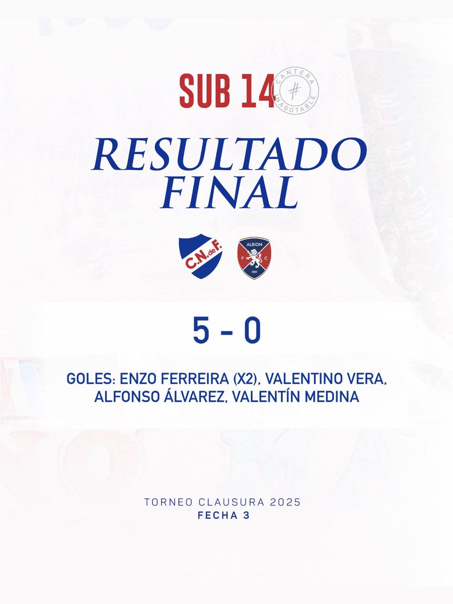 Final del partido en Sub 14.

✅ Victoria 5-0 🆚 Albion

#CanteraInagotable
#ElClubGigante 🔵⚪️🔴