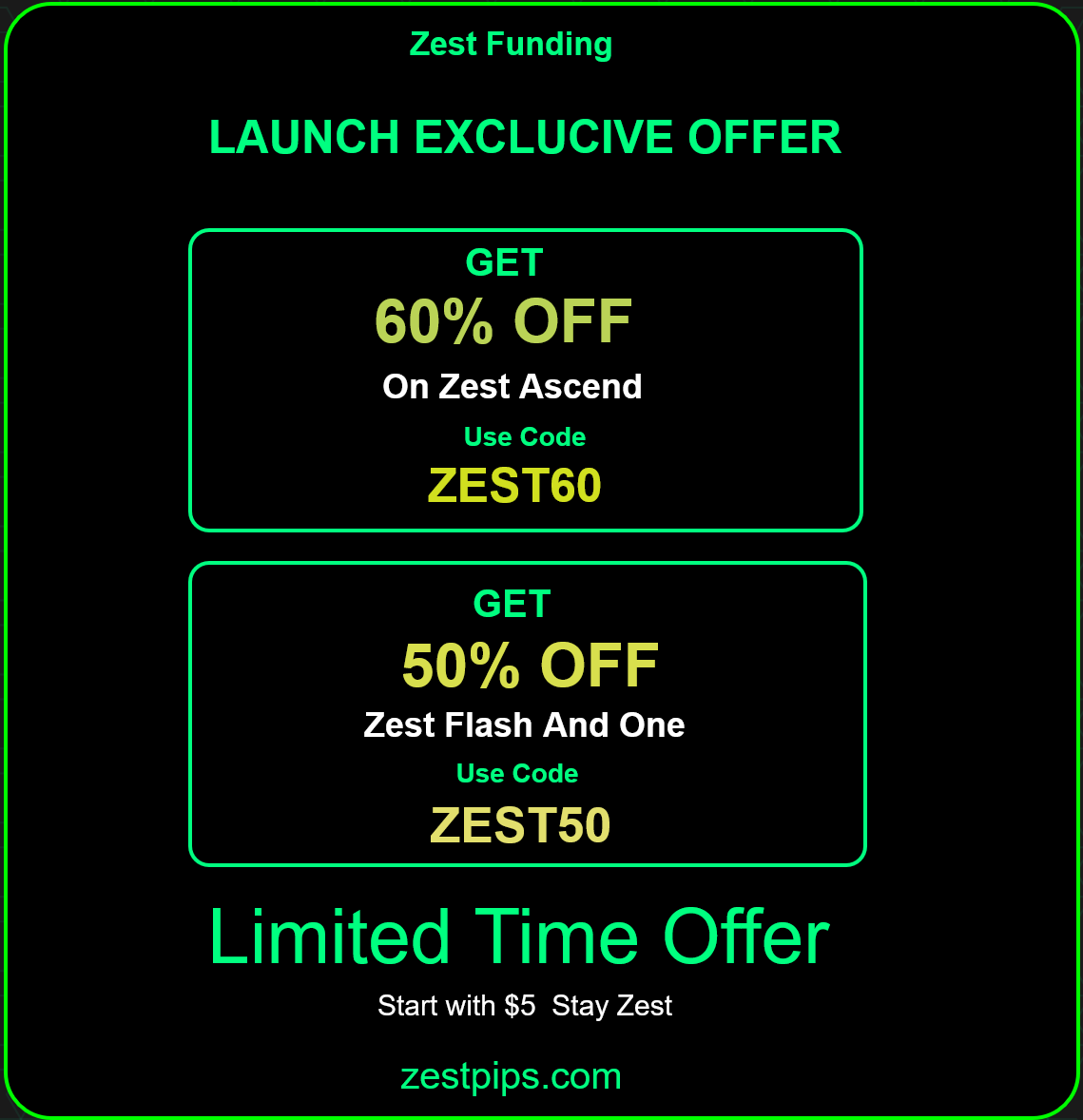 Zest Funding is here to stay!Become a funded trader with us and trade with confidence.

🤖 Plus, our very own AI Support Bot is now LIVE on Discord:
✅ 24/7 availability
✅ No long waits for staff
✅ Real-time answers to your questions

Join Discord  discord.gg/EBm5JjGznt