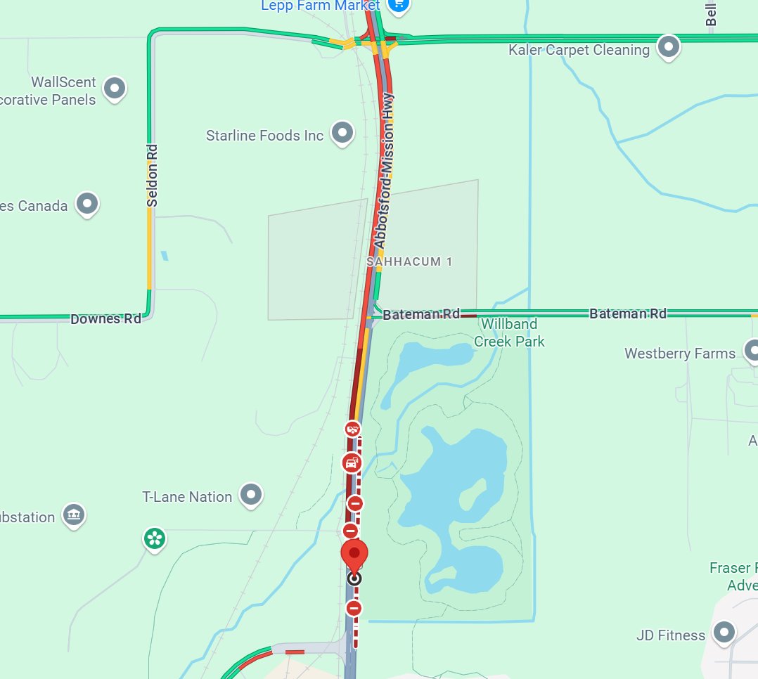 DriveBC's tweet image. ⛔️🐮UPDATE #BCHwy11 - The highway is blocked in both directions due to a cow on the road. Use an alternate route. Crews are working to safely remove the cow. #AbbostfordBC