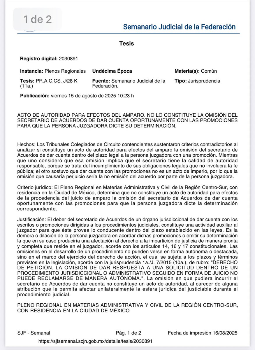 🚫NO constituye un acto de autoridad para efectos del #juiciodeamparo la omisión del secretario de Acuerdos de dar cuenta oportunamente con las promociones para que la persona juzgadora dicte la determinación correspondiente.

✅ Es la demora o dilación de la persona juzgadora en