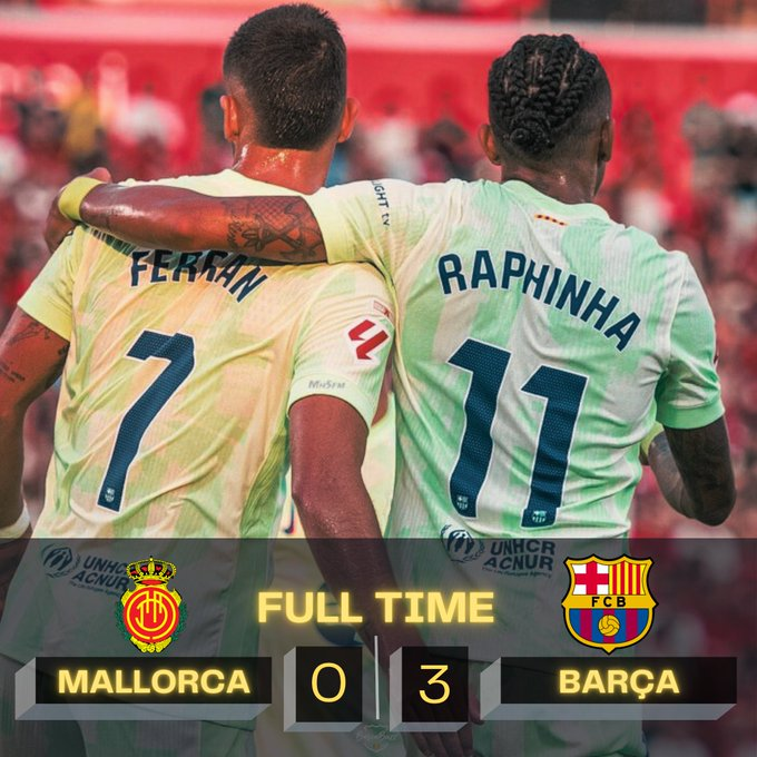 Barca_Buzz's tweet photo. FT| Mallorca 0-3 Barcelona.
⚽️ 7': Raphinha.
⚽️ 23': Ferran Torres.
⚽️ 90+3' Lamine Yamal.
🟥 33: Morlanes.
🟥 39: Muriqi.
🤚 Clean Sheet.

• xG: 0.21-2.01
• Possession: 29-71
• Shots: 4-24
• Passes: 153-506
• Fouls: 8-17
#MallorcaBarça 

Stats Via: @FotMob https://t.co/YFIVv8T7uq