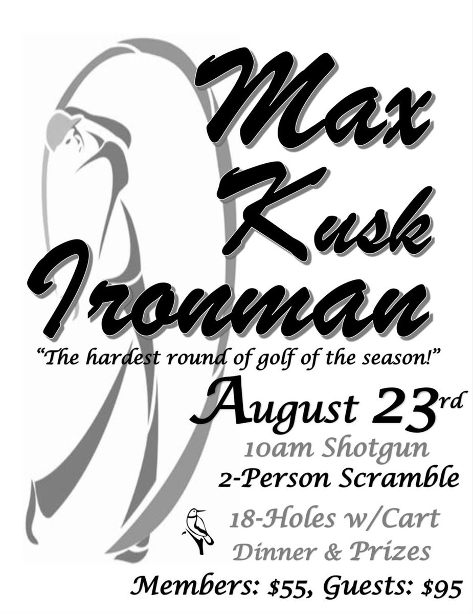 MAX KUSK IRONMAN, August 23rd 🦾 Join us for “The Hardest Round of Golf of the Season.” 🦾 18-Holes, 2-Person Scramble, 3 Divisions, Meal &amp; Prizes Included 🦾 Register before August 21st 🦾 403.887.5100 #PlayMoreGolf