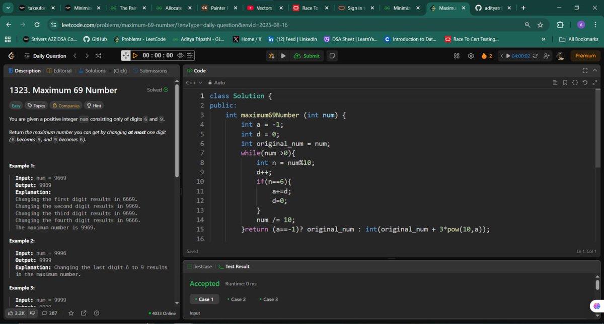 adityacs22's tweet photo. Day 15 of my #100DaysOfCode challenge!🚀
✅Problem no. --> 1323 #LeetCode
✅painters partition 2 and book allocation #gfg24
✅Celebrated Janmastami ❤❤
✅Objects and some syntax ques..
✅To_Do app with #html5 #CSS2025 #JavaScript
#builtinpublic #artificialintellegence https://t.co/9SpsGAuNyE