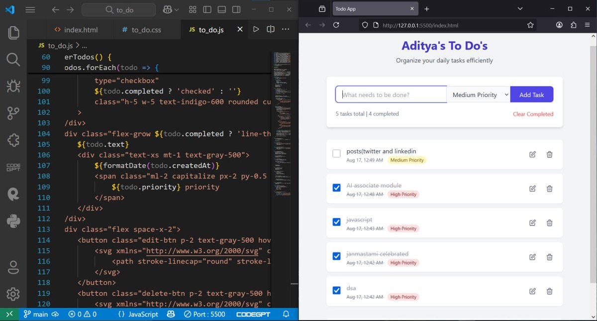 adityacs22's tweet photo. Day 15 of my #100DaysOfCode challenge!🚀
✅Problem no. --> 1323 #LeetCode
✅painters partition 2 and book allocation #gfg24
✅Celebrated Janmastami ❤❤
✅Objects and some syntax ques..
✅To_Do app with #html5 #CSS2025 #JavaScript
#builtinpublic #artificialintellegence https://t.co/9SpsGAuNyE