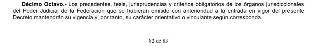 cramirezlarsen's tweet photo. Se publicó una tesis donde señalan que las jurisprudencias de la Primera y Segunda Sala de la @SCJN continuarán siendo de aplicación obligatoria, aunque vayan a desaparecer.

¿La razón?… porque no se estableció nada en contrario.

Estando de acuerdo con la conclusión, no comparto que esa sea la razón, o al menos no la mas poderosa, sino más bien lo previsto en el Décimo Octavo Transitorio de la reforma a la LOPJF (DOF 20-12-24), que así lo indica.
