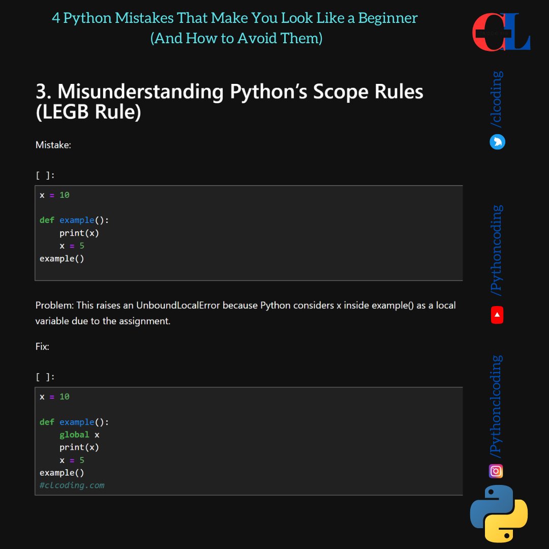 clcoding's tweet image. 4 Python Mistakes That Make You Look Like a Beginner (And How to Avoid Them)