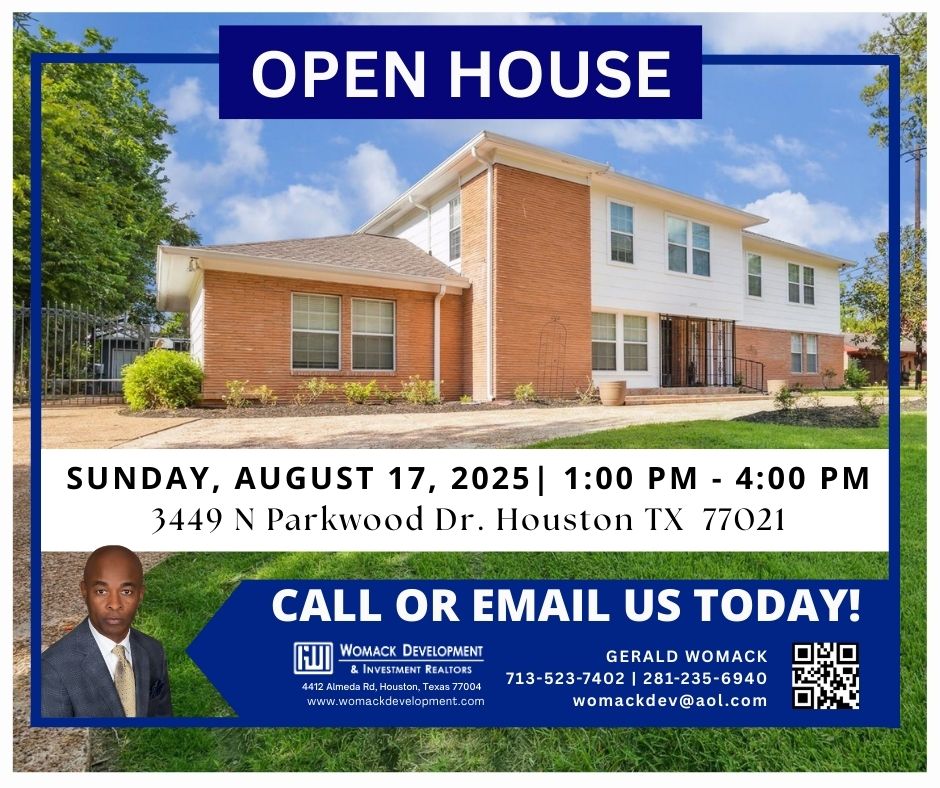 womackdev's tweet photo. Open House. Sun. Aug. 17, 2025 @ 1:00 pm - 4:00 pm

3449 N Parkwood Dr
https://t.co/pbmUMcwGHR

Gerald Womack, Broker
📞713.523.7402 | 📞281.235.6940
📧  womackdev@aol.com
🌐https://t.co/TOEqysvymw

#HoustonHomes #ForSale #DreamHome #HoustonLiving #WomackDevelopment https://t.co/8ooJsZ0zCz