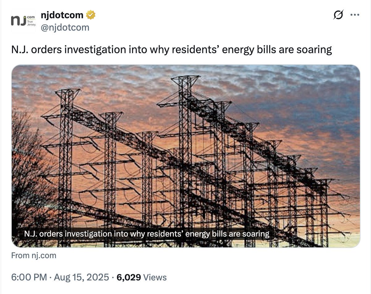 NJ Dems. are gaslighting you (no pun intended) with BS like this, pretending like it's a mystery as to why your electric bills are skyrocketing.

There's nothing to investigate. They have systematically &amp; deliberately decreased NJ's power supply (baseload) over the last 5 years!