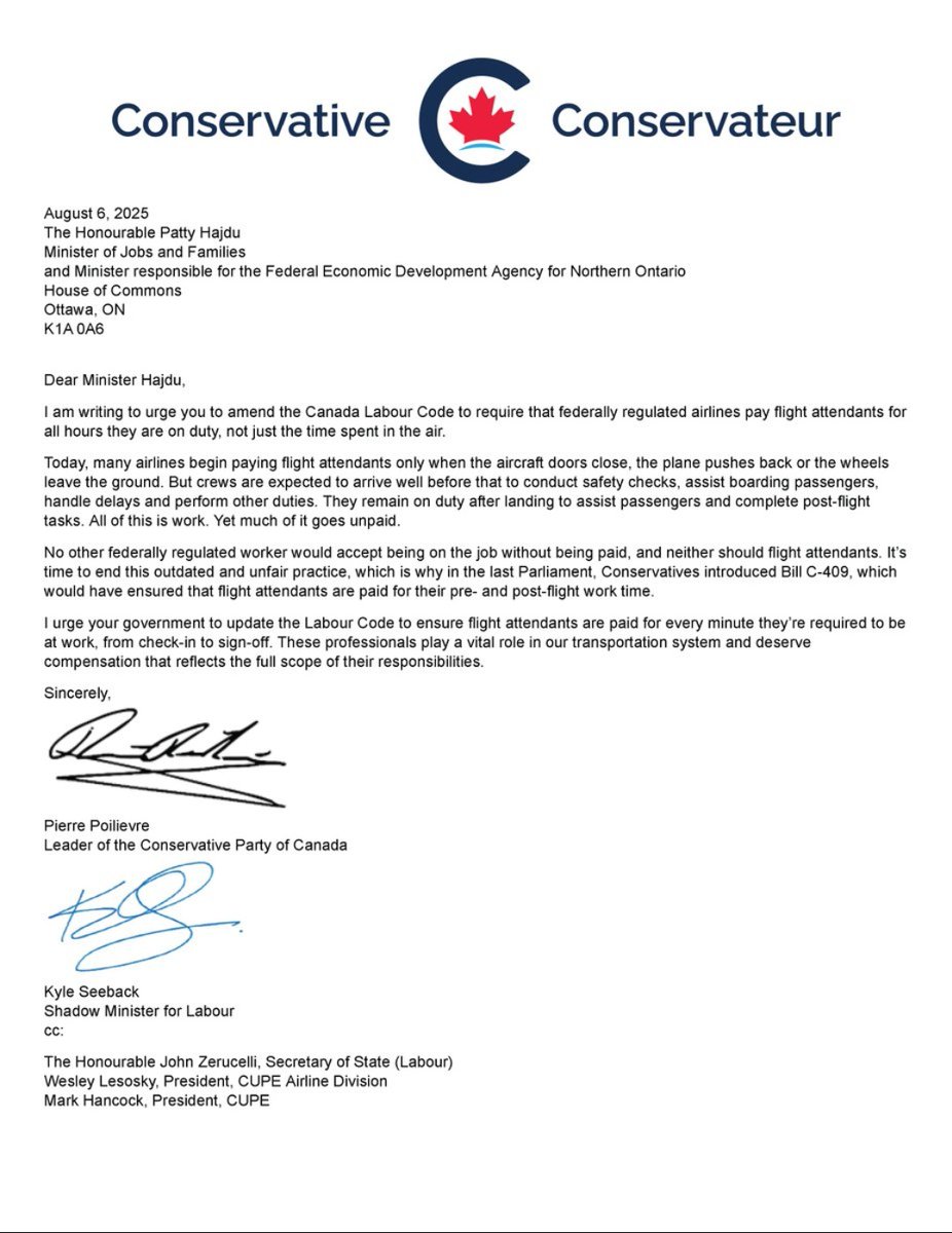 Pierre Poilievre fought for better wages for flight attendants while Mark Carney's Jobs Minister threw them under the bus and BANNED their ability to strike for fairer wages.

Remember this the next time you vote.