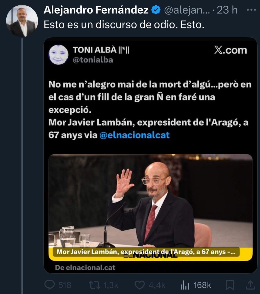 tonialba's tweet photo. No t’equivoquis, Alejxandret fatxeta. Pel Lamban no és odi el què sento: és fàstic. Si fos discurs d’odi em denunciaries per fer-me por. I jo, de por, no en tinc. Has anat a Sixena a veure el robatori, producte de la catalanofòbia? https://t.co/rPbwosORRY