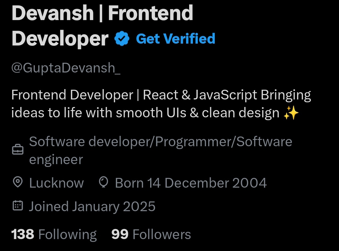 GuptaDevansh_'s tweet photo. one step closer to my first ever milestone on  @X  

#firstmilestone #100DaysOfCode  #letsconnect https://t.co/V0mOzwLJBB