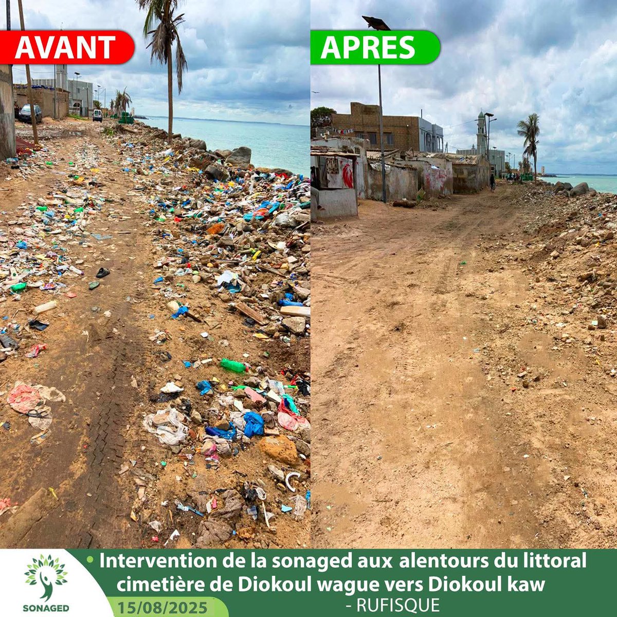 Ndoyemodou1's tweet image. Après les fortes pluies et les vents qui ont frappé le littoral dakarois, les équipes de la SONAGED se sont rapidement mobilisées pour lancer l’Opération Taaral Tefess sur plusieurs sites stratégiques de la capitale, notamment à Hann Bel-Air, Thiaroye et Rufisque.
#SONAGED 🤝