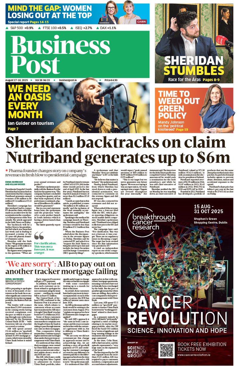 This Sunday’s edition. Pick up a copy or subscribe at businesspost.ie:

🗞️   Gareth Sheridan backtracks on claim Nutriband generates up to $6m 

🗞️   Supermac’s spends €7m a year on staff housing

🗞️   AIB to pay out on another tracker mortgage failing