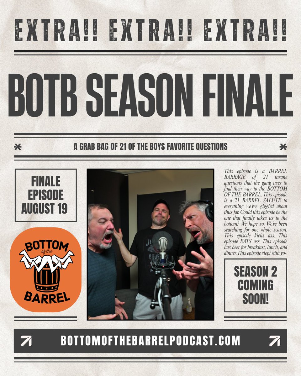 Bottom of the Barrel Podcast (@bottomofthepod) on Twitter photo BIG NEWS ALERT! The final episode of Season 1 drops this Tuesday! Make sure to tune in as the boys finally find their way to the BOTTOM OF THE BARREL! <a href="/swapmonster/">John Swasey</a> <a href="/JayHickmanMD/">Jay Hickman</a> <a href="/KyleColby/">Kyle Colby Jones</a> BIG NEWS ALERT! The final episode of Season 1 drops this Tuesday! Make sure to tune in as the boys finally find their way to the BOTTOM OF THE BARREL! <a href="/swapmonster/">John Swasey</a> <a href="/JayHickmanMD/">Jay Hickman</a> <a href="/KyleColby/">Kyle Colby Jones</a>
