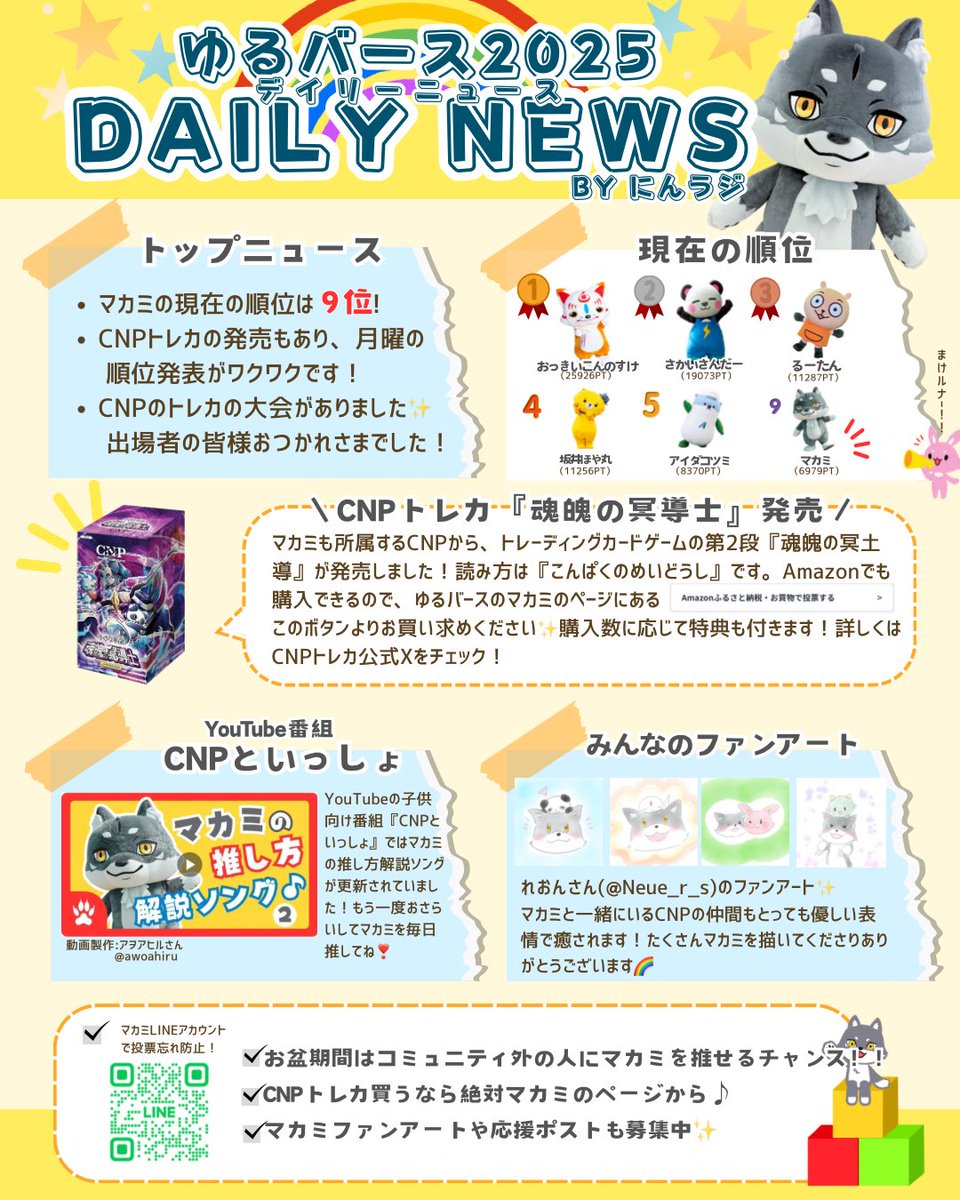 ╭━━━━━━━━━━━━━━━━╮
　　　　　毎日マカミ応援🐺🌈    　
#ゆるバース2025　デイリーニュース　
　　　　　　by にんラジ      　
╰━━ｖ━━━━━━━━━━━━━╯
マカミも所属している、CNPがトレカ第2弾を発売しました！みんなでアマカミリンクから購入ー！
