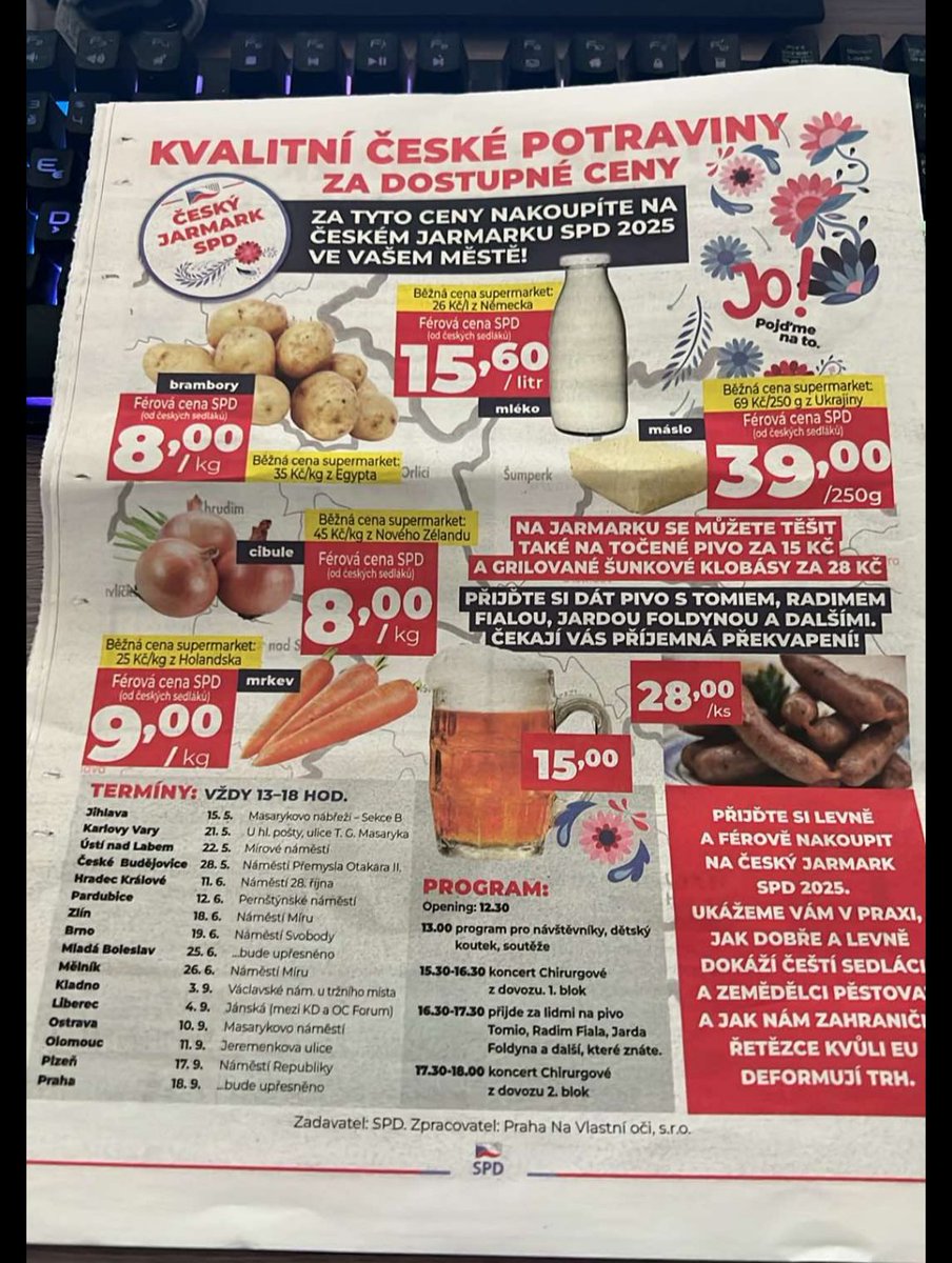 jakub_lanik's tweet photo. @willyguruth SPD bude mít jarmark každý den a brambory za 8 Kč a čepované pivo za 15 kč? Nebo jaký je důvod volit tyhle ruské onuce? https://t.co/if7luRkANB