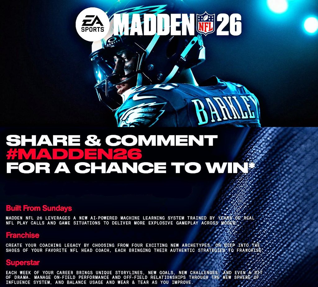 𝙐𝙩𝙤𝙥𝙞𝙖 (@utopiasports) on Twitter photo I have teamed up with <a href="/EAMaddenNFL/">Madden NFL 26</a> to give away 10 codes for #Madden26 (5 PS5, 5 Xbox)
To enter:
1) Like this post!
2) Reply with #Madden26 AND a GIF of your favorite team!
#EAPartner I have teamed up with <a href="/EAMaddenNFL/">Madden NFL 26</a> to give away 10 codes for #Madden26 (5 PS5, 5 Xbox)
To enter:
1) Like this post!
2) Reply with #Madden26 AND a GIF of your favorite team!
#EAPartner