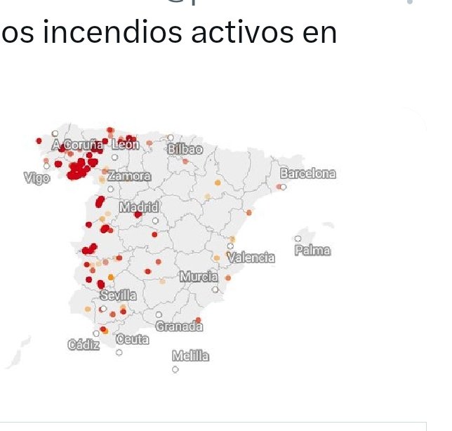 Mapa de los incendios activos y equipos de gobierno en las ciudades correspondientes:

Madrid - PP/VOX
Sevilla - PP/VOX
Cadiz - PP/VOX
Granada - PP/VOX
Valencia - PP/VOX
Palma - PP/VOX
Castilla Leon - PP/VOX.
Galicia - PP/VOX. 

NO HAY MAS PREGUNTAS.