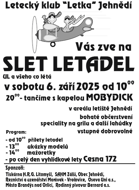 LetkaJehnedi's tweet photo. Srdečně vás zveme na Slet letadel v Jehnědí! Přijďte se pobavit v sobotu 6. září 2025 od 10 hodin, těšit se můžete na letecká vystoupení, ukázky modelů, mažoretky, speciality na grilu a další dobroty. Od 20 hodin zahraje k tanci i poslechu kapela MOBYDICK. Vstupné je dobrovolné. https://t.co/MRoSzbzEQ3