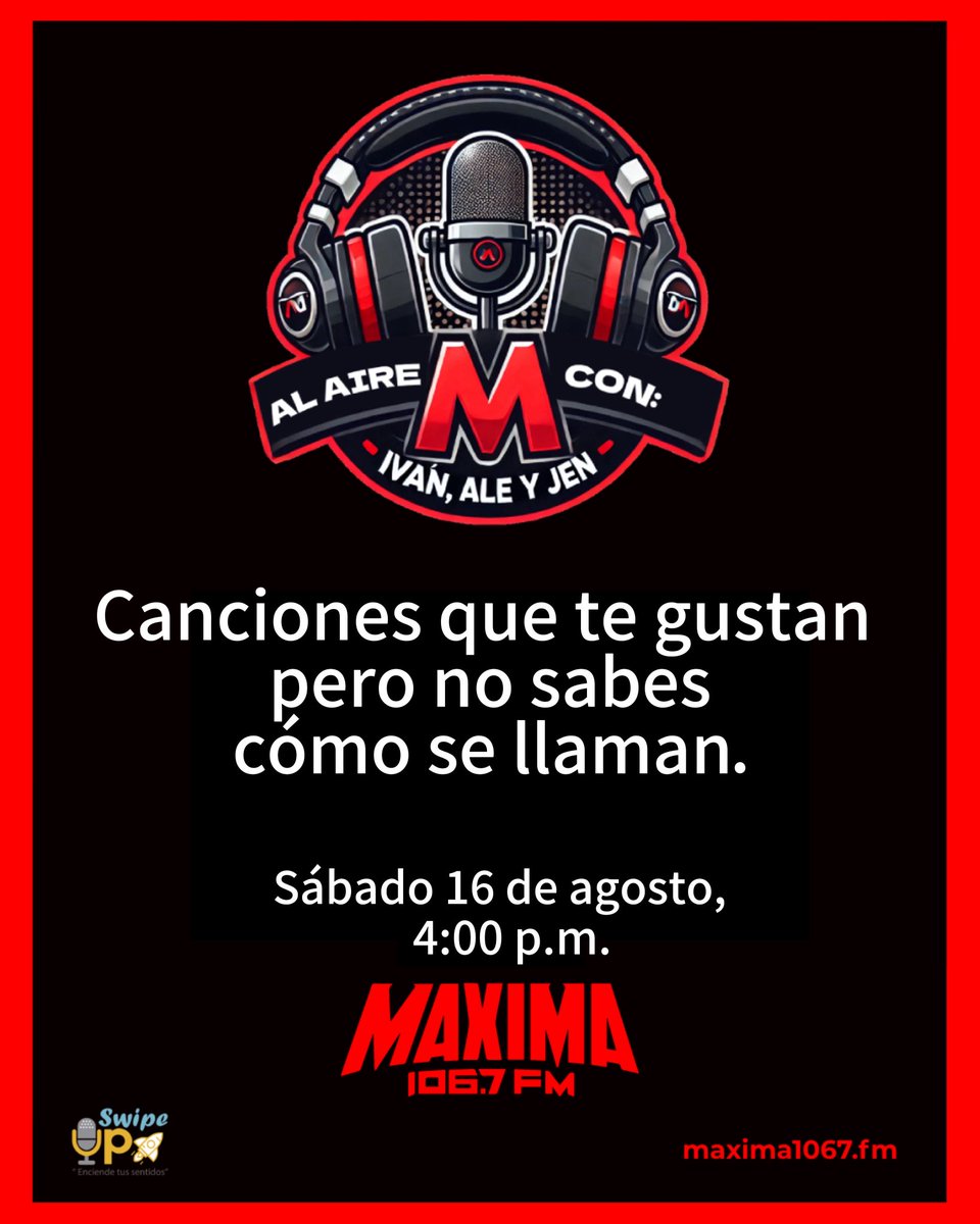 HolaSoyJennFM (@holasoyjennfm) on Twitter photo Hoy #AlAire hablaremos de esas canciones 🎼 que te rondan la cabeza pero no tienes idea de su nombre, ¿cuál es la tuya?🤔
Acompáñanos a <a href="/IvanMichelfm/">Iván Michel</a>, <a href="/AleeYudelevy/">Alejandra Magallanes ♔</a> y a mí, esta tarde de lluvia 🌦️ y diversión, a través de <a href="/MAXIMA1067FM/">MÁXIMA 106.7 FM</a> en punto de las ⏰ 4:00 p.m. Hoy #AlAire hablaremos de esas canciones 🎼 que te rondan la cabeza pero no tienes idea de su nombre, ¿cuál es la tuya?🤔
Acompáñanos a <a href="/IvanMichelfm/">Iván Michel</a>, <a href="/AleeYudelevy/">Alejandra Magallanes ♔</a> y a mí, esta tarde de lluvia 🌦️ y diversión, a través de <a href="/MAXIMA1067FM/">MÁXIMA 106.7 FM</a> en punto de las ⏰ 4:00 p.m.