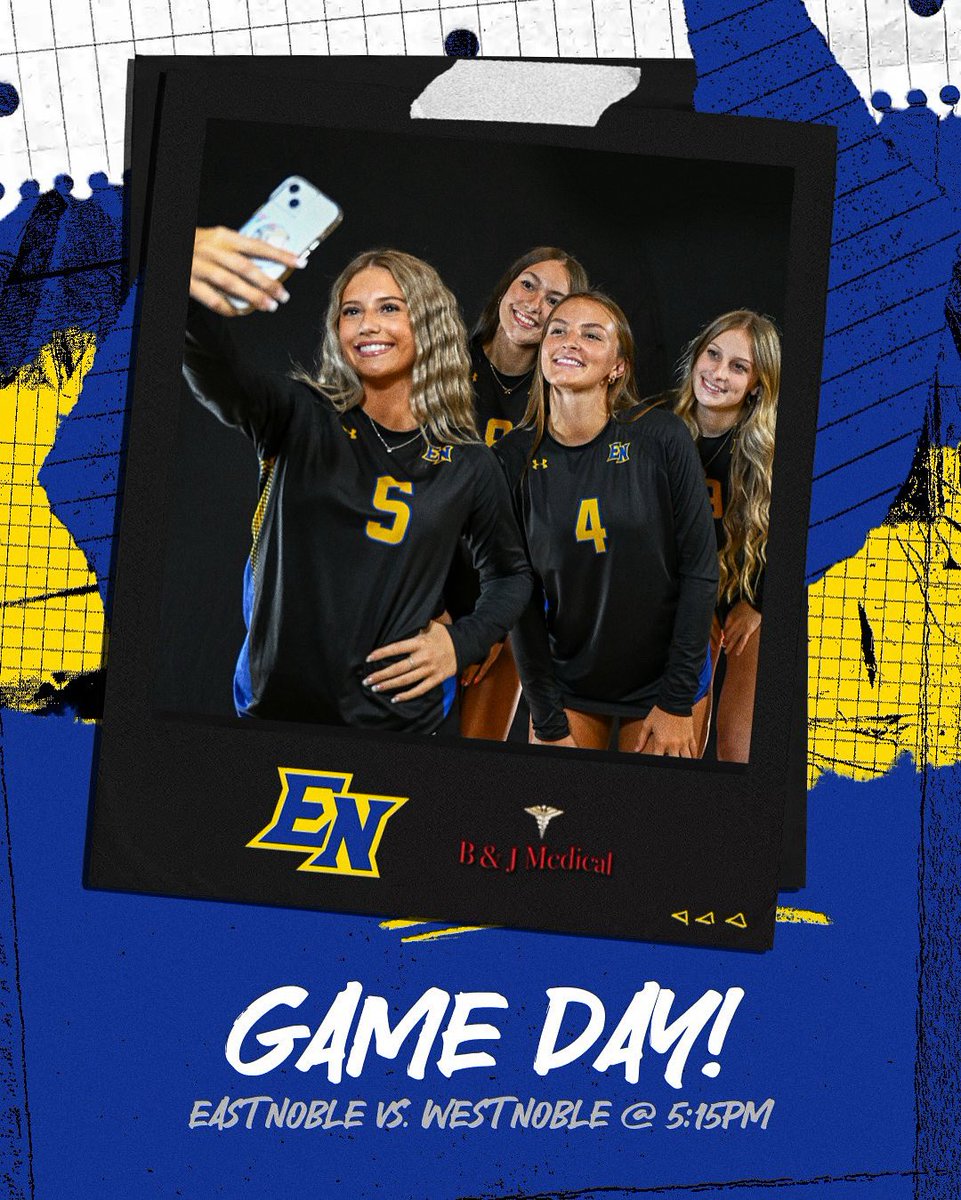 ENVBall's tweet photo. GAME DAY at WN! C-Team starts at 5:15, jv, and varsity follows!
Big shoutout to B&J Medical for being an East Noble Volleyball sponsor for multiple years now! #Letsgobigblue 🏐 https://t.co/O2VlRtyhtv