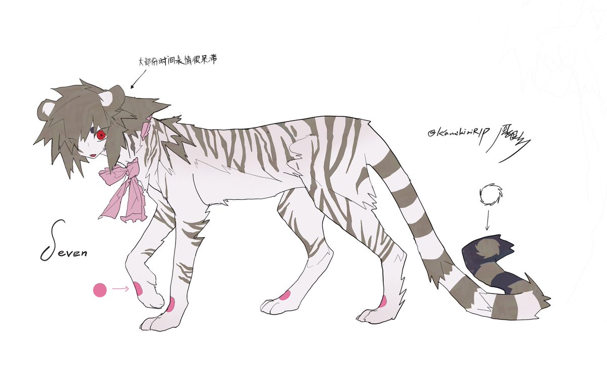 人面虎Seven，马戏团的老虎，她擅长滚球。她平时温顺，呆呆的，也享受被他人抚摸，但绝对不能饿着，因为饥饿会让她性格暴躁，于是为了报复她会亲自捕猎，许多同事惨死在她的爪子下，后来每次吃饭都有人提醒她。
…为什么叫Seven，是因为她的身上有七个圈圈⭕️
