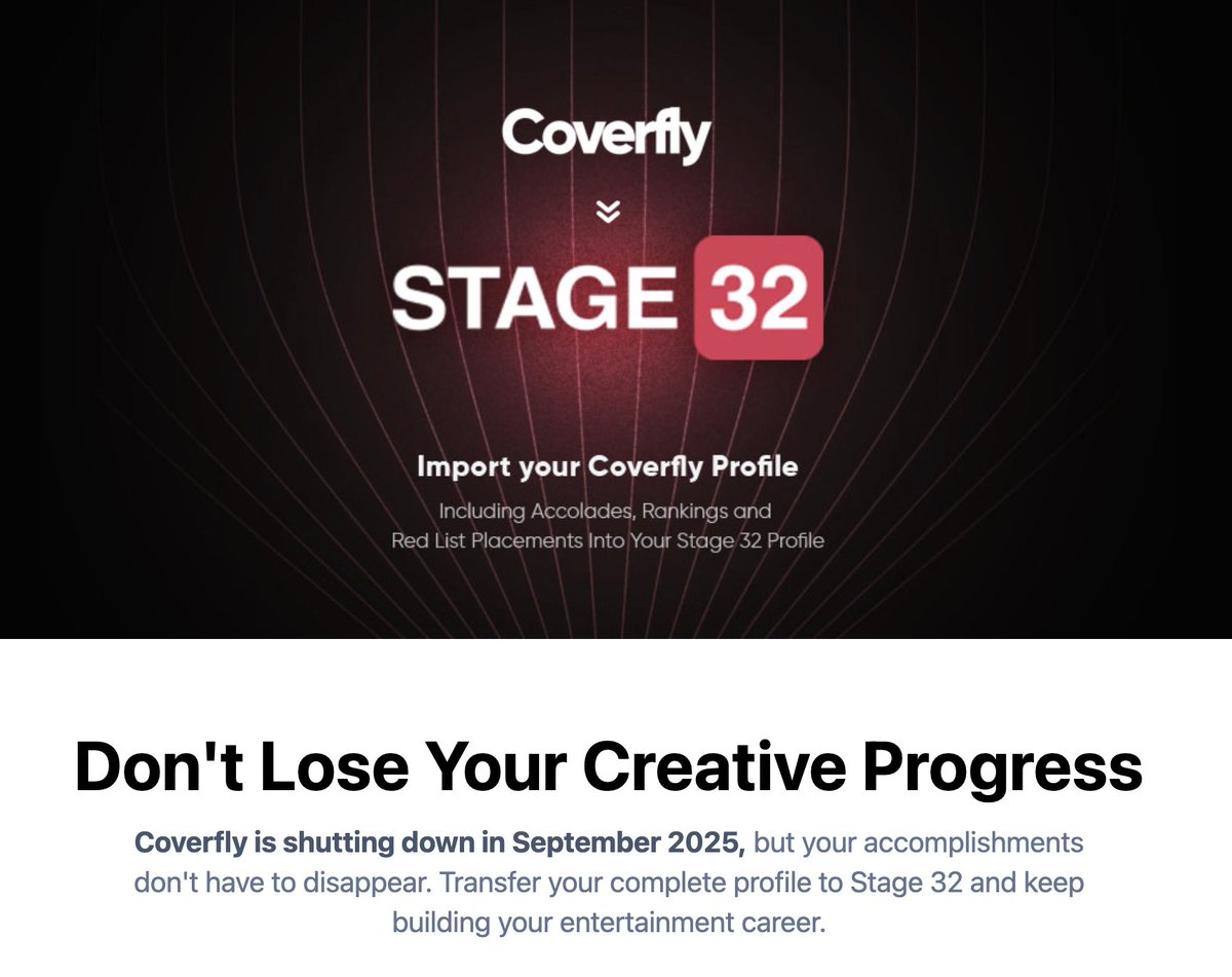 Only 2 weeks left before Coverfly takes away your profile data forever! Don't lose your profile, accolades and Red List rankings!   

All with accolades and Red List Rankings are added to our Executive Matchmaking Portal for free.

stage32.com/platform/integ…