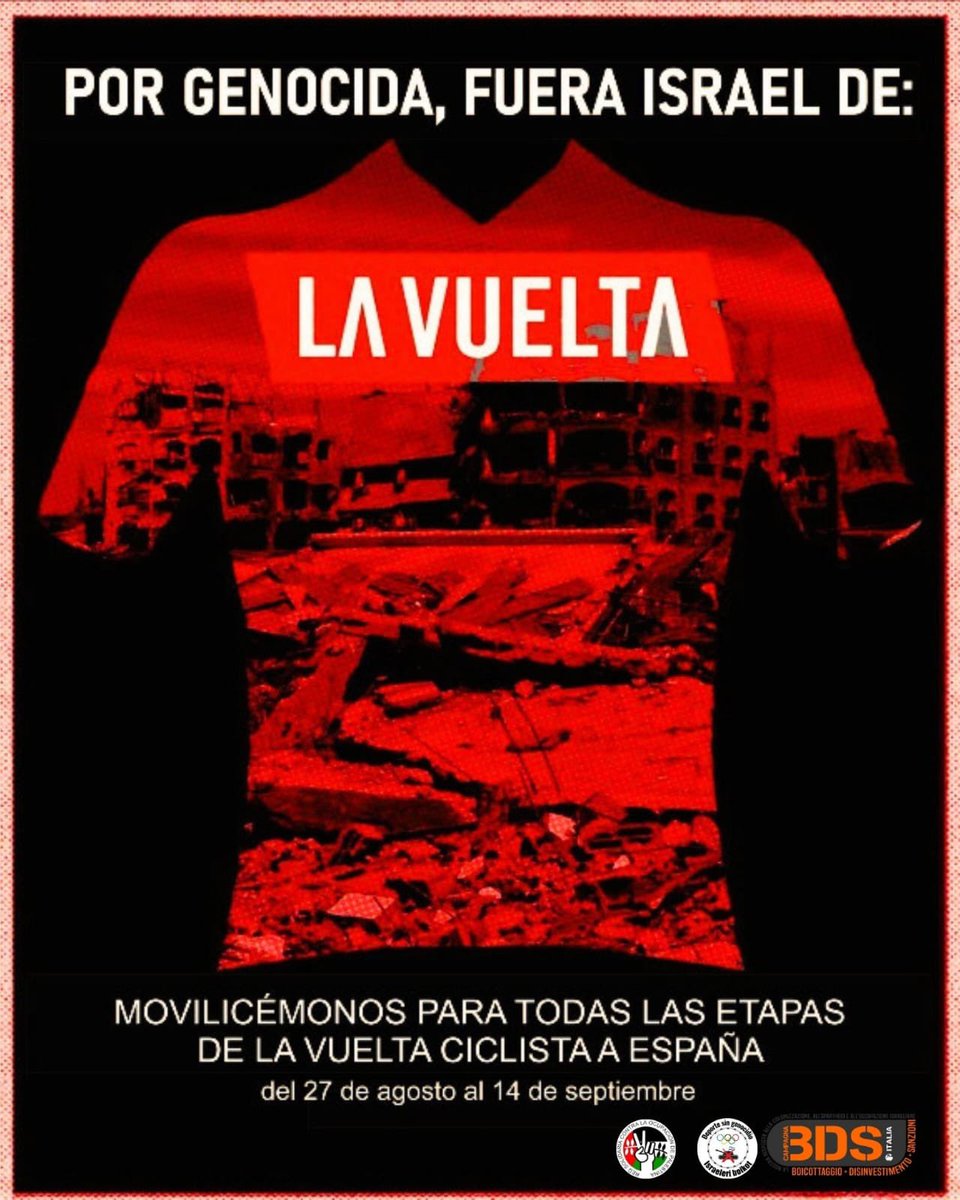 Fèlix Alonso Cantorné 🔻 (@alonsocantorne) on Twitter photo El 23-A empieza la <a href="/lavuelta/">La Vuelta</a>, solicitamos a #Unipublic ‘invite’ a renunciar al equipo de Israel a no tomar la salida en #Torino.
Ver a Kern Pharma o <a href="/euskaltelteam/">Euskaltel Euskadi Team</a>, sería lo correcto.
Las calles y carreteras de España, como en <a href="/LeTour/">Tour de France™</a>, se han de llenar de banderas palestinas🇵🇸 El 23-A empieza la <a href="/lavuelta/">La Vuelta</a>, solicitamos a #Unipublic ‘invite’ a renunciar al equipo de Israel a no tomar la salida en #Torino.
Ver a Kern Pharma o <a href="/euskaltelteam/">Euskaltel Euskadi Team</a>, sería lo correcto.
Las calles y carreteras de España, como en <a href="/LeTour/">Tour de France™</a>, se han de llenar de banderas palestinas🇵🇸