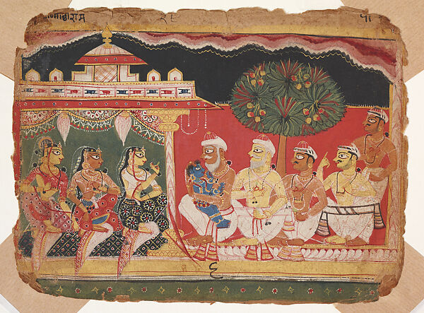 Arthistorian18's tweet photo. 3. Nanda Touches Krishna’s Head after the Slaying of Putana" – a strikingly expressive depiction of the infant Krishna being praised by his foster father, characterized by flat color, ornate Sultanate architecture, and stylized profiles.

3/5
#janmashtami2025  #Janmashtami https://t.co/WJ5Zme0lhg