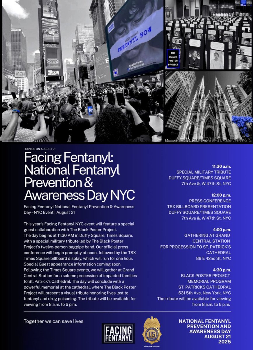 DEANEWYORKDiv's tweet photo. #DEANewYork, #FacingFentanyl & #TheBlackPosterProject invite you to join us for #NationalFentanylAwarenessDay on 8/21 in #NYC to help raise awareness about the dangers of #fentanyl & to remember all those lives lost to the #opioidcrisis. See the image below ⬇️ for more info. #DEA https://t.co/PKJ3oeuETN